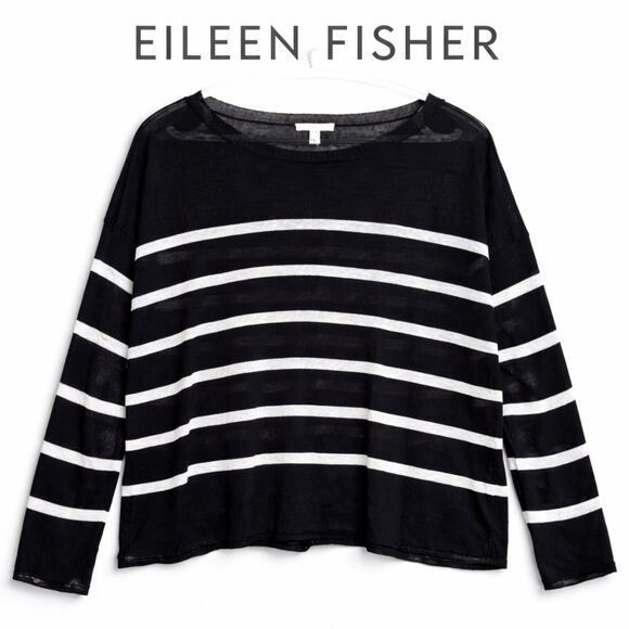 Eileen Fisher Tops - Eileen Fisher Sheer Linen Nautical Stripe Boxy Sheer Vacation Top Black White XL